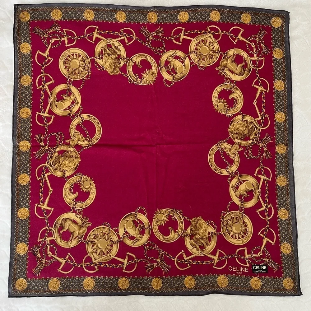Rare Celine Paris Silk Scarf Cranberry BNWT Vintage Late 1980s-Early 90s France